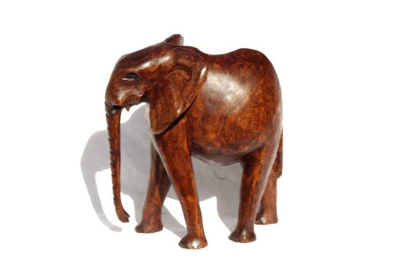 Hand Carved Elephant Dark Brown Polished Olive wood. African art Souvenirs, unique housewarming gifts. Ready to Ship Express.