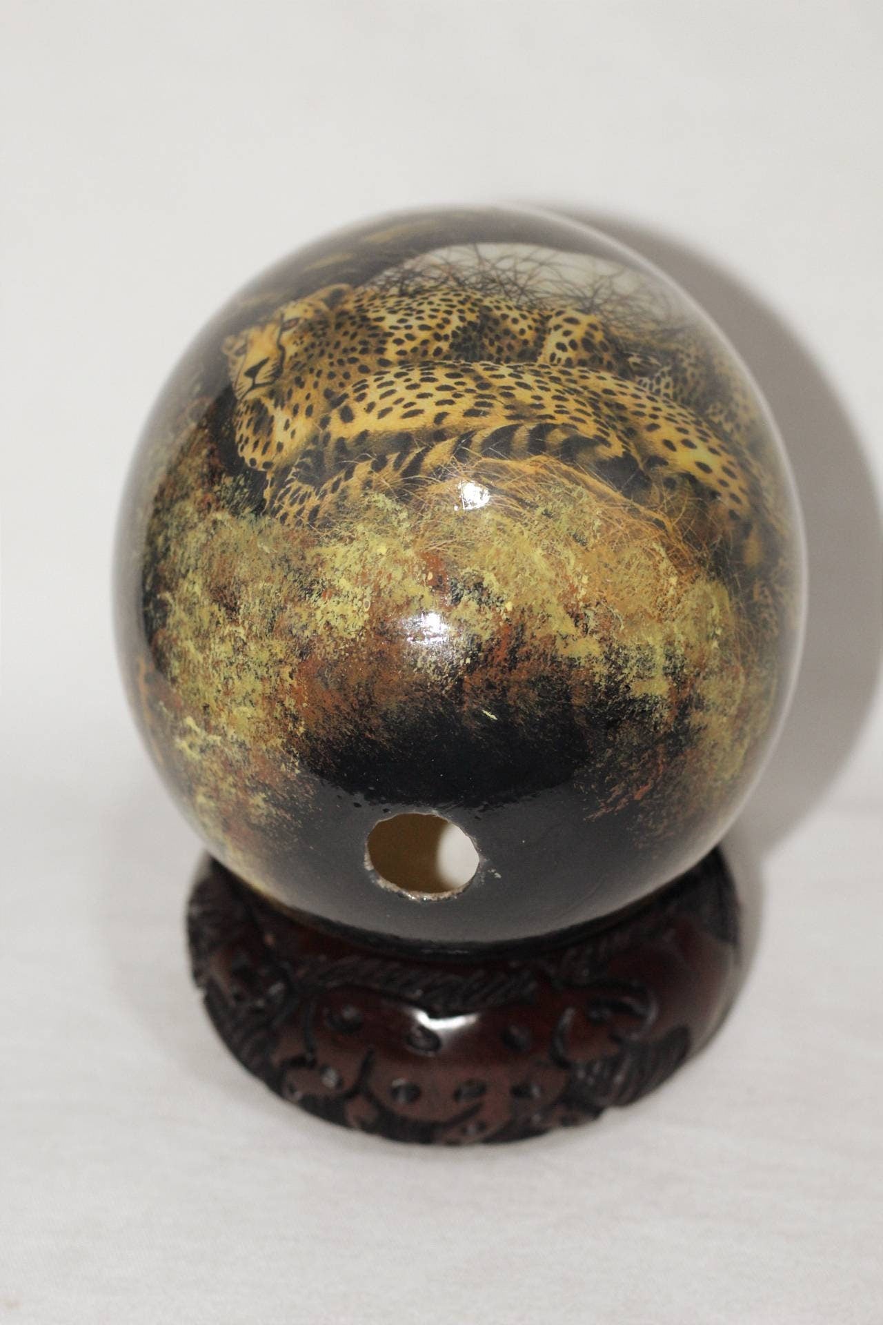 Cheetah Family Decoupage on an Authentic Ostrich Egg Shell. Unique African American Art Handmade ornaments. Express Shipping. Limited Stock