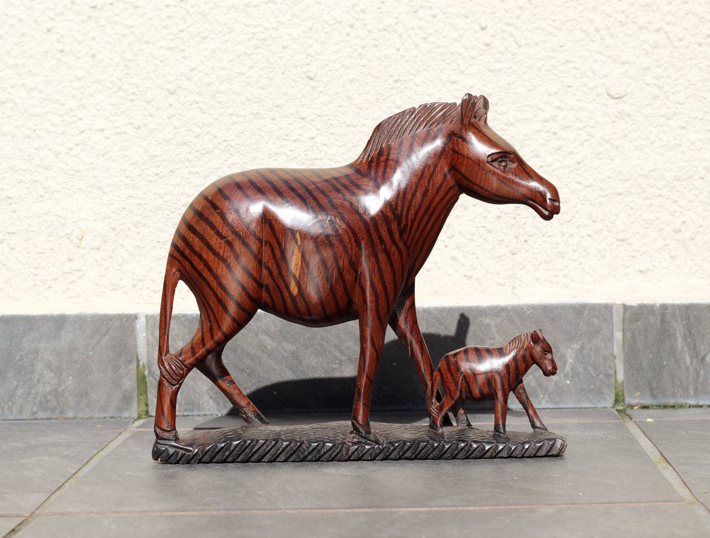 Mother Zebra and Foal Mopane Wood Carved Figurine. Dark brown Hardwood with black stripes. Life like African Home Decor Sculpture.