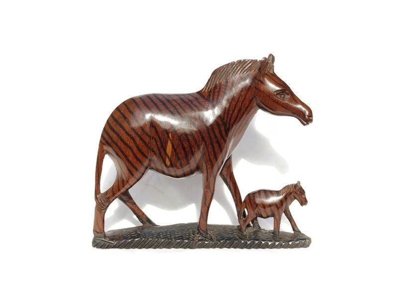 Mother Zebra and Foal Mopane Wood Carved Figurine. Dark brown Hardwood with black stripes. Life like African Home Decor Sculpture.