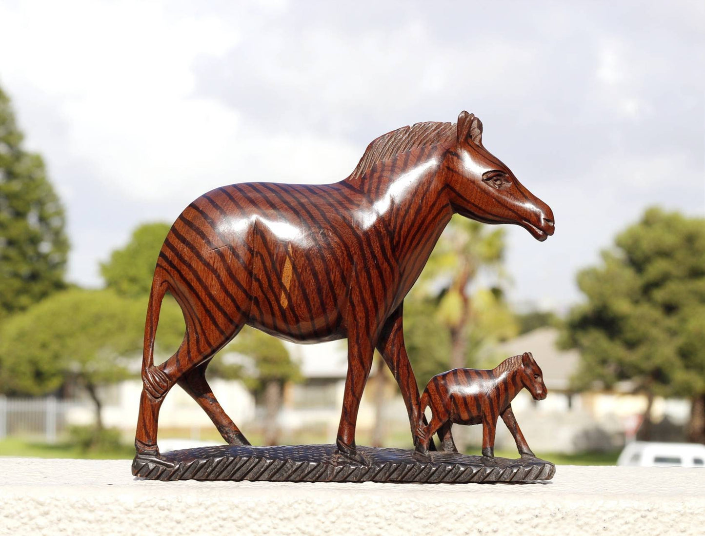 Mother Zebra and Foal Mopane Wood Carved Figurine. Dark brown Hardwood with black stripes. Life like African Home Decor Sculpture.