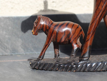 Mother Zebra and Foal Mopane Wood Carved Figurine. Dark brown Hardwood with black stripes. Life like African Home Decor Sculpture.