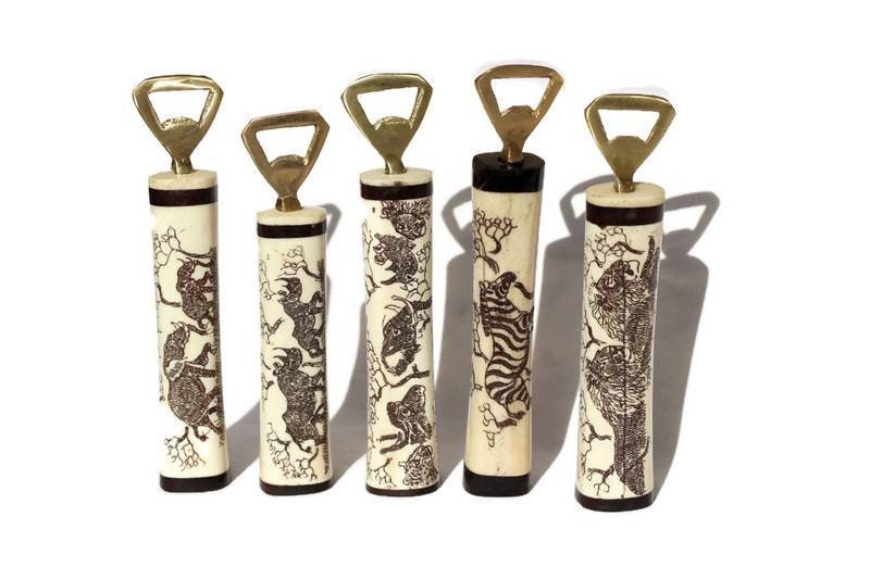 Scrimshaw Bone, Wood and Brass Bottle Opener. Zimbabwe hand carved Art, African Big 5, Zebra animal Theme Gifts. Express Shipping Worldwide