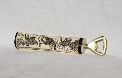 Scrimshaw Bone, Wood and Brass Bottle Opener. Zimbabwe hand carved Art, African Big 5, Zebra animal Theme Gifts. Express Shipping Worldwide