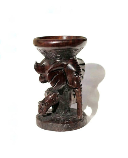 Œuf d'autruche africain en bois d'ébène à cinq grosses têtes / support décoratif. Art de safari sculpté à la main au Malawi. Décoration pour la maison et le bureau, cadeaux, expédition express