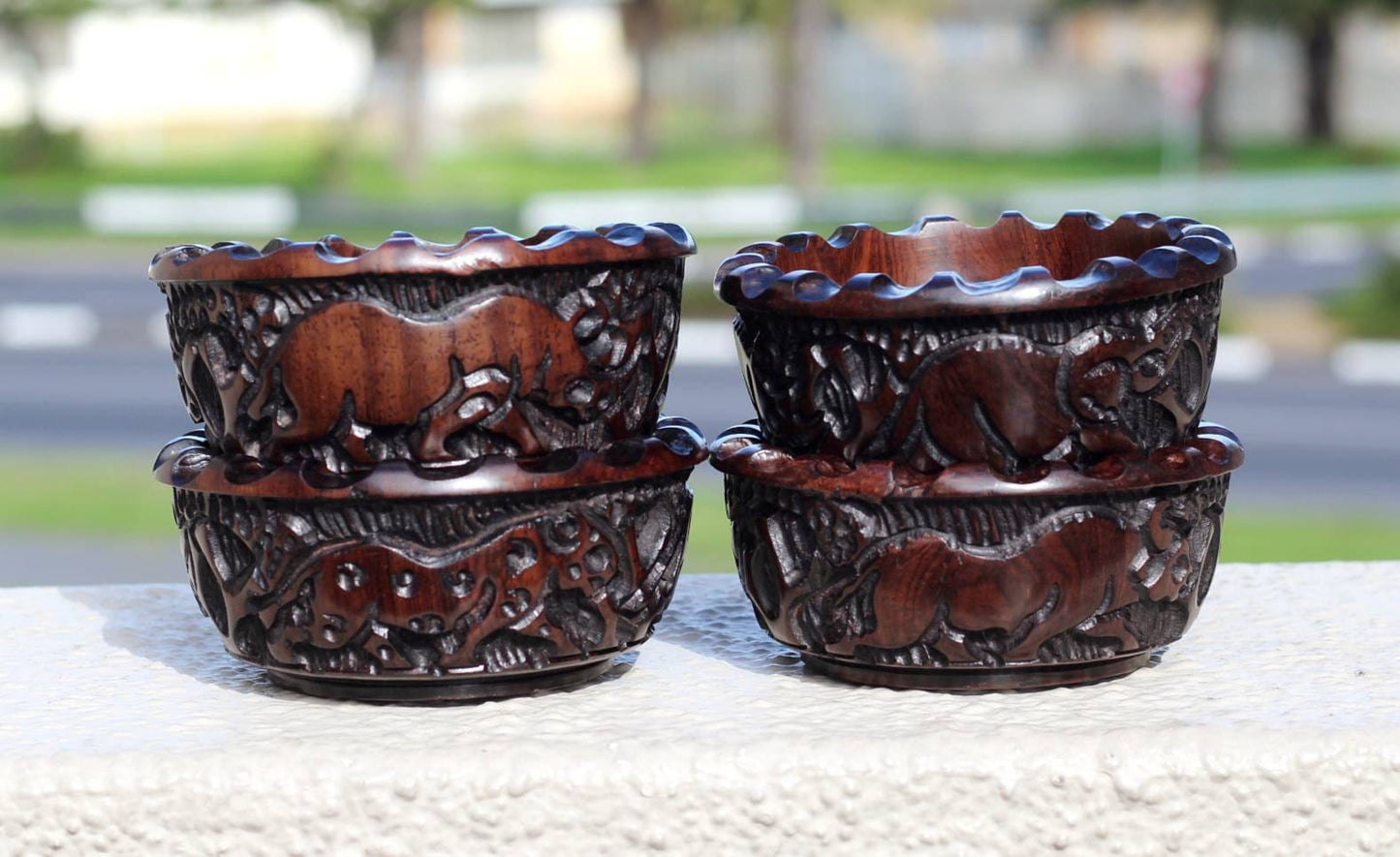 Set of 4 Carved Iron Wood Bowls with Big Five Animals Carving Around. Brown Dinning Table Decor/ Centerpiece. African Gifts Ready to Ship