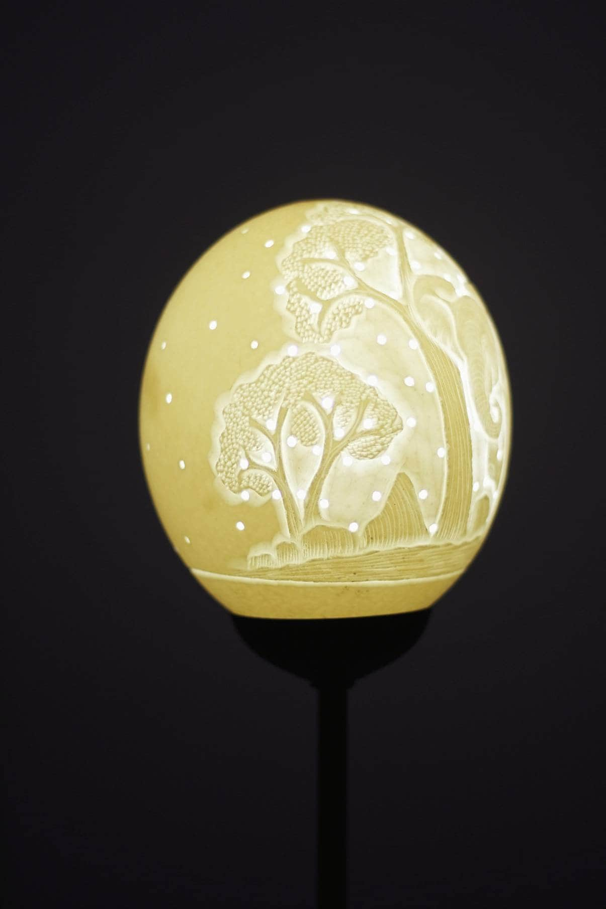 Ostrich Egg Fine Art carved Elephant Lampshade. Authentic shell with and tree carvings and Holes. House warming/ office lighting gifts