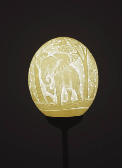 Ostrich Egg Fine Art carved Elephant Lampshade. Authentic shell with and tree carvings and Holes. House warming/ office lighting gifts