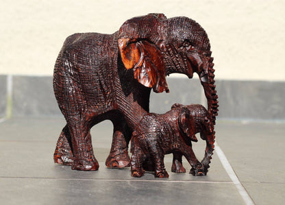 Mother Elephant and Calf Ironwood Sculpture. Zimbabwean handmade fully detailed lifelike figurines. African Big Five gifts Shipping Express