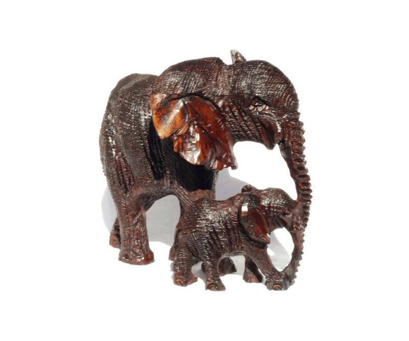 Mother Elephant and Calf Ironwood Sculpture. Zimbabwean handmade fully detailed lifelike figurines. African Big Five gifts Shipping Express