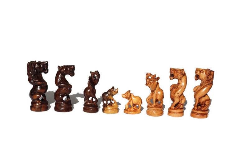 African Big Five Animals Chess Set. Amazing Zimbabwean handcarved Masterpieces. Olive and Ebony Wood Art Gifts.