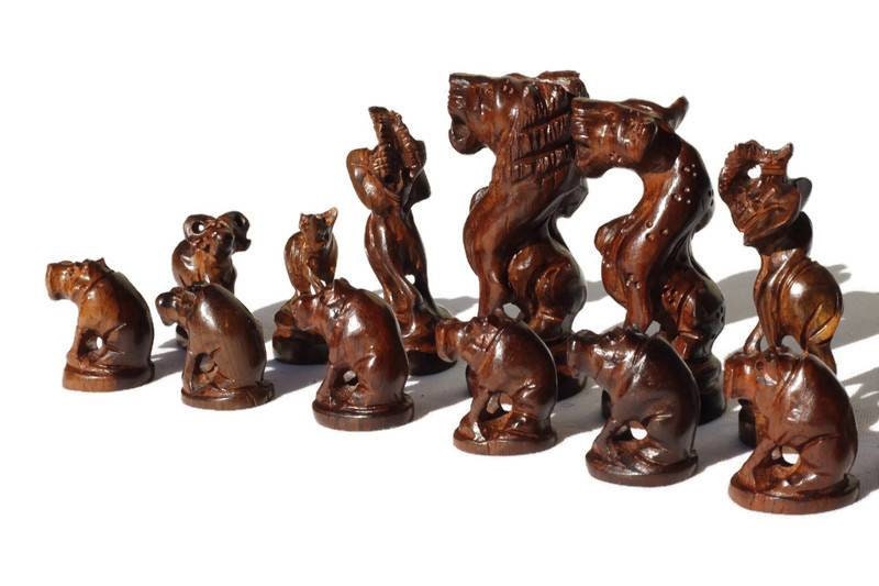 African Big Five Animals Chess Set. Amazing Zimbabwean handcarved Masterpieces. Olive and Ebony Wood Art Gifts.