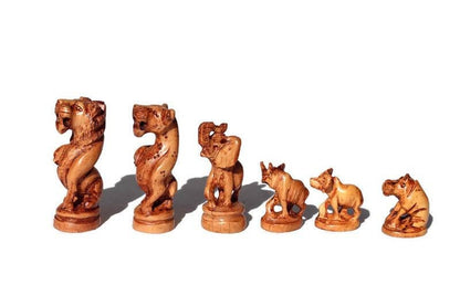 African Big Five Animals Chess Set. Amazing Zimbabwean handcarved Masterpieces. Olive and Ebony Wood Art Gifts.