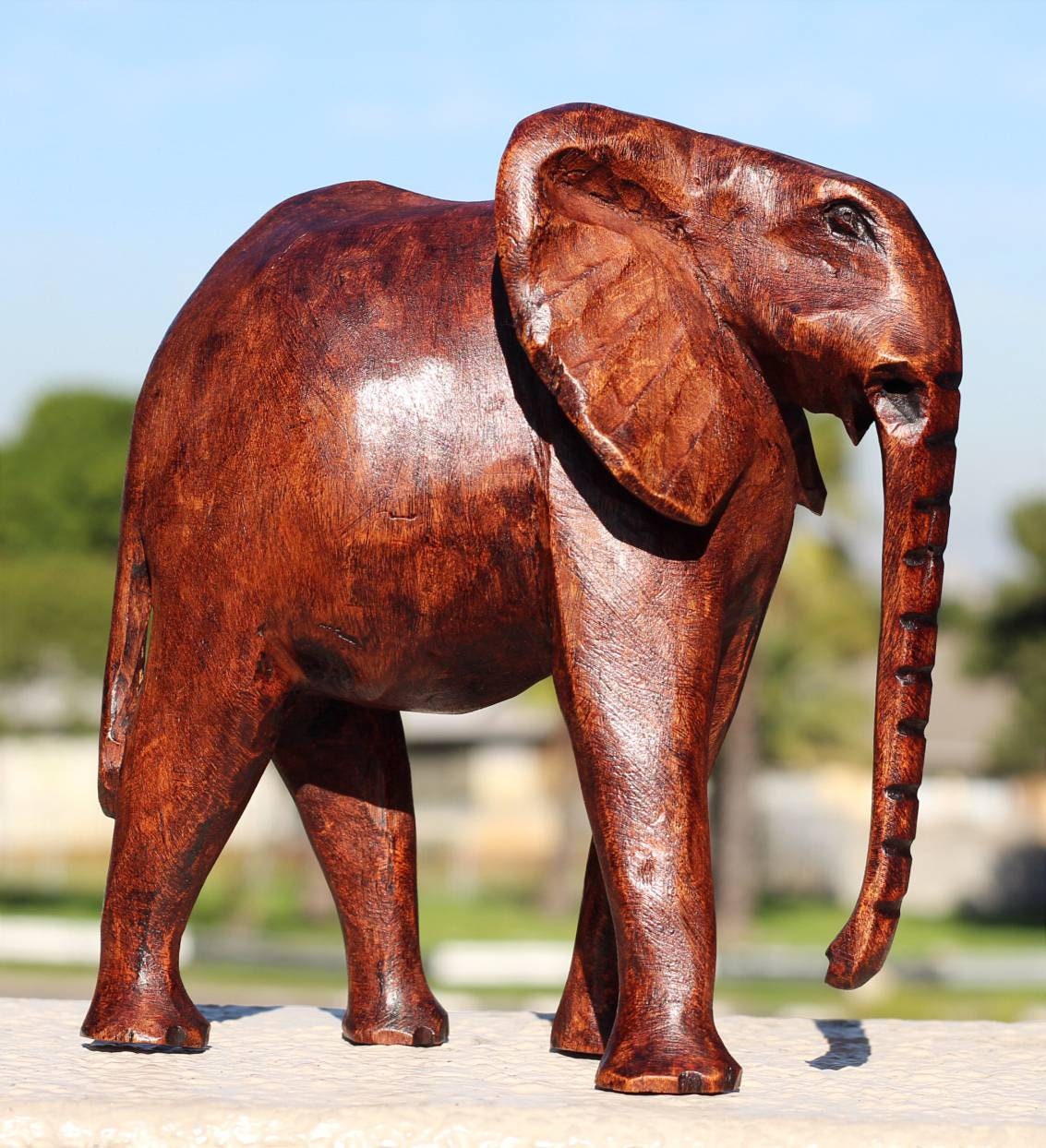 Hand Carved Elephant Dark Brown Polished Olive wood. African art Souvenirs, unique housewarming gifts. Ready to Ship Express.