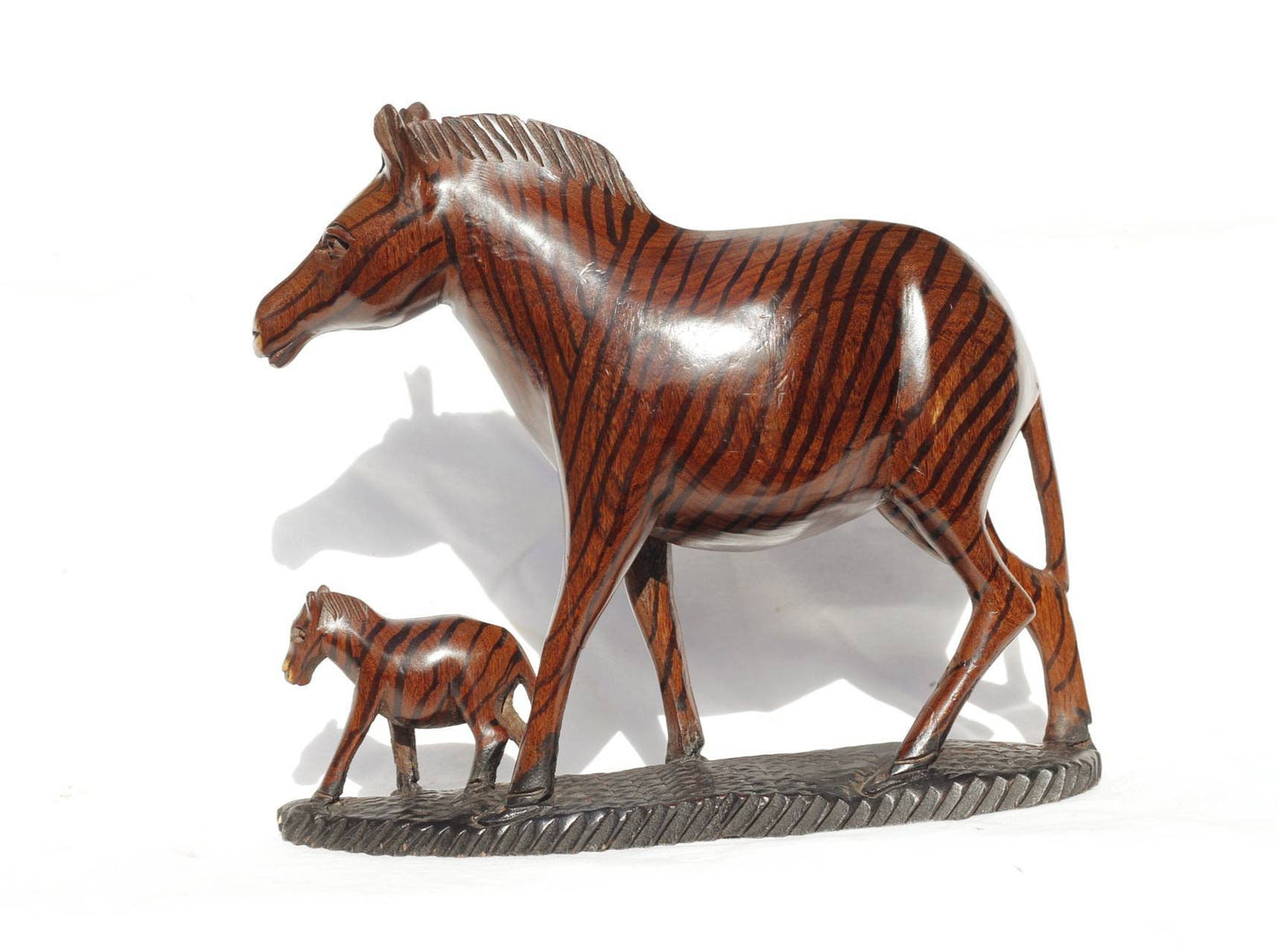 Mother Zebra and Foal Mopane Wood Carved Figurine. Dark brown Hardwood with black stripes. Life like African Home Decor Sculpture.