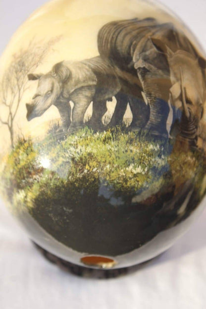 Grazing Rhino Family Decoupage on an authentic Ostrich Egg Shell. Unique African art Gifts for Home and office decor. Express Shipping