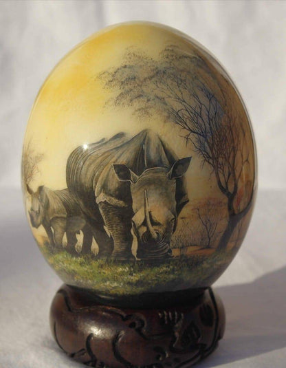 Grazing Rhino Family Decoupage on an authentic Ostrich Egg Shell. Unique African art Gifts for Home and office decor. Express Shipping