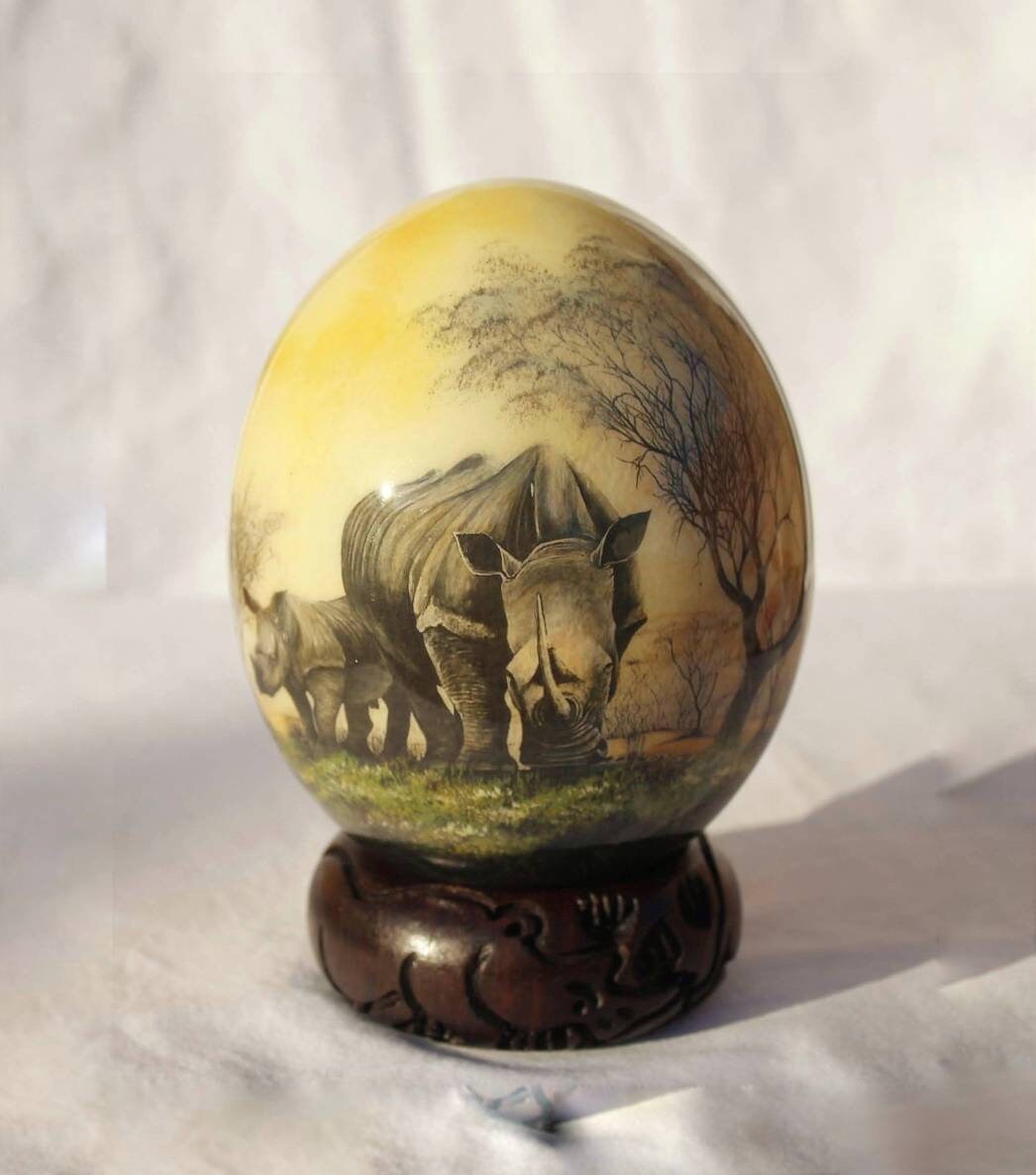 Grazing Rhino Family Decoupage on an authentic Ostrich Egg Shell. Unique African art Gifts for Home and office decor. Express Shipping