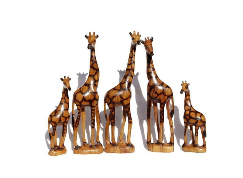 Set of 5 Fine Art Olive Wood Burnt Giraffe Herd standing mini figurines. Zimbabwean Carved Artwork. Home/office decor African animals gifts