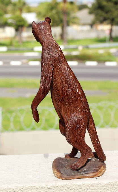 Fine Art Guarding Meerkat Ironwood figurine. Hand carved Mongoose/Suricate with base stand. Zimbabwean handmade art gifts. Shipping Express