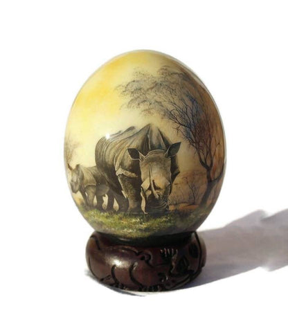 Grazing Rhino Family Decoupage on an authentic Ostrich Egg Shell. Unique African art Gifts for Home and office decor. Express Shipping