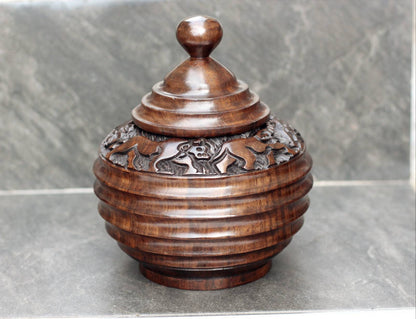 Animal Theme Art Iron Wood Hand Carved Storage Bowl. Circular Rings design basin with Elephant, Rhino, Lion and Tree Carvings. Ships Express