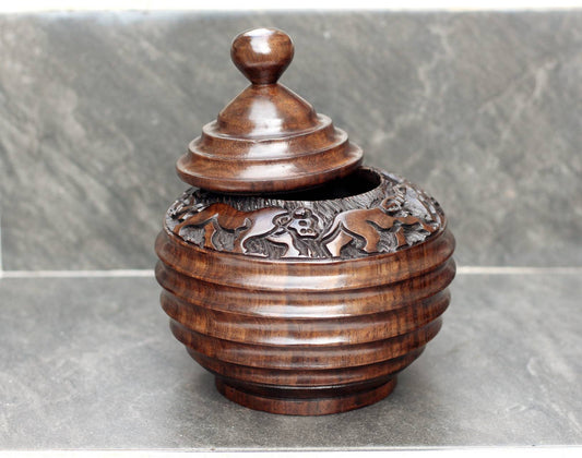 Animal Theme Art Iron Wood Hand Carved Storage Bowl. Circular Rings design basin with Elephant, Rhino, Lion and Tree Carvings. Ships Express