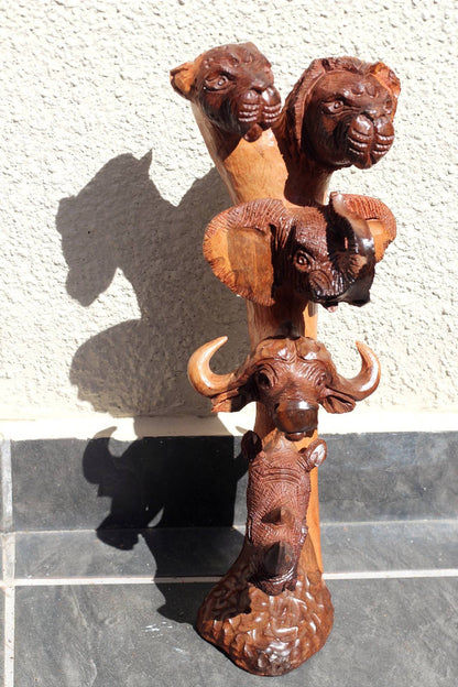 Ironwood Carved lifelike Big Five heads. Trunk Up Elephant, Lion, Leopard, Buffalo, Rhino heads. Fine Art Light and Dark Brown Masterpiece