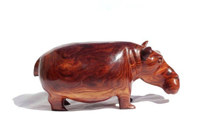 Zebra Wood Carved Hippo. Hand carved Brown smooth Wooden Hippopotamus figurines. Unique handcrafted African animals gifts, Express Shipping.