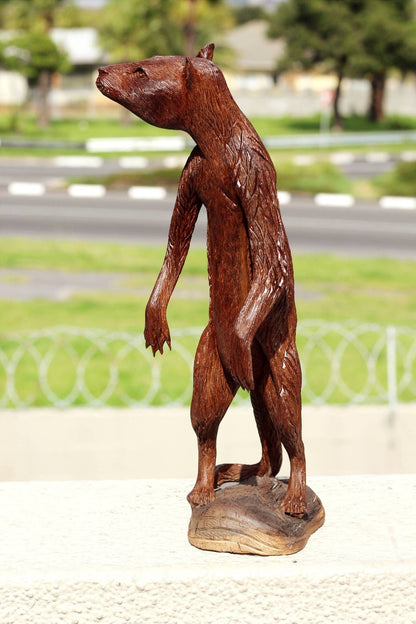 Fine Art Guarding Meerkat Ironwood figurine. Hand carved Mongoose/Suricate with base stand. Zimbabwean handmade art gifts. Shipping Express