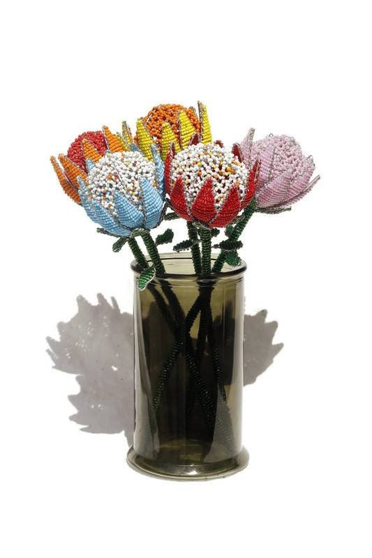 Set of 5 Beaded Colorful Protea Flowers by Job Guwhe. Home, Office, Wedding, Party Decor. Vase Not Included, ready to Ship Worldwide