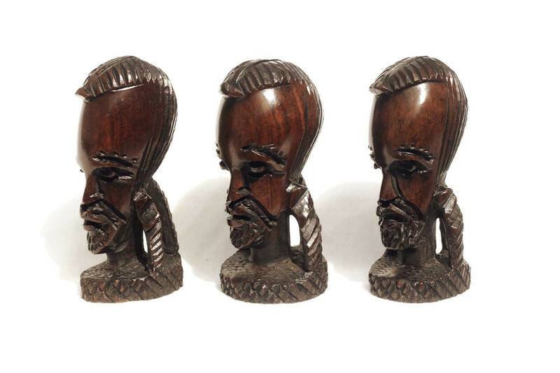 Lot de 3 têtes d'hommes Massaï africains en bois de fer sculpté. Sculptures lisses sculptées à la main. Décoration intérieure africaine pour la maison/bureau Cadeaux de Noël