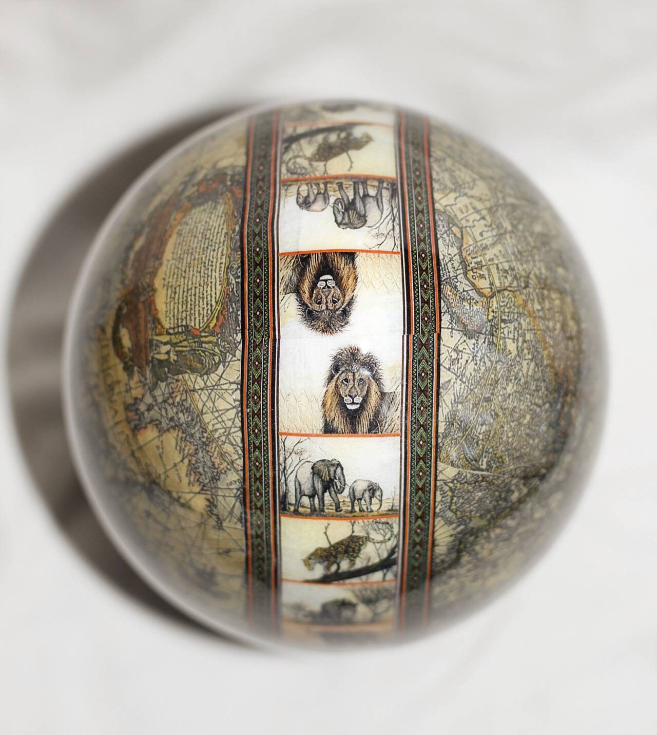 Army Green World Map with Big 5 full Animals on a Large Authentic Ostrich Egg Shell Decoupage Art. Unique African Home Decor Christmas Gifts