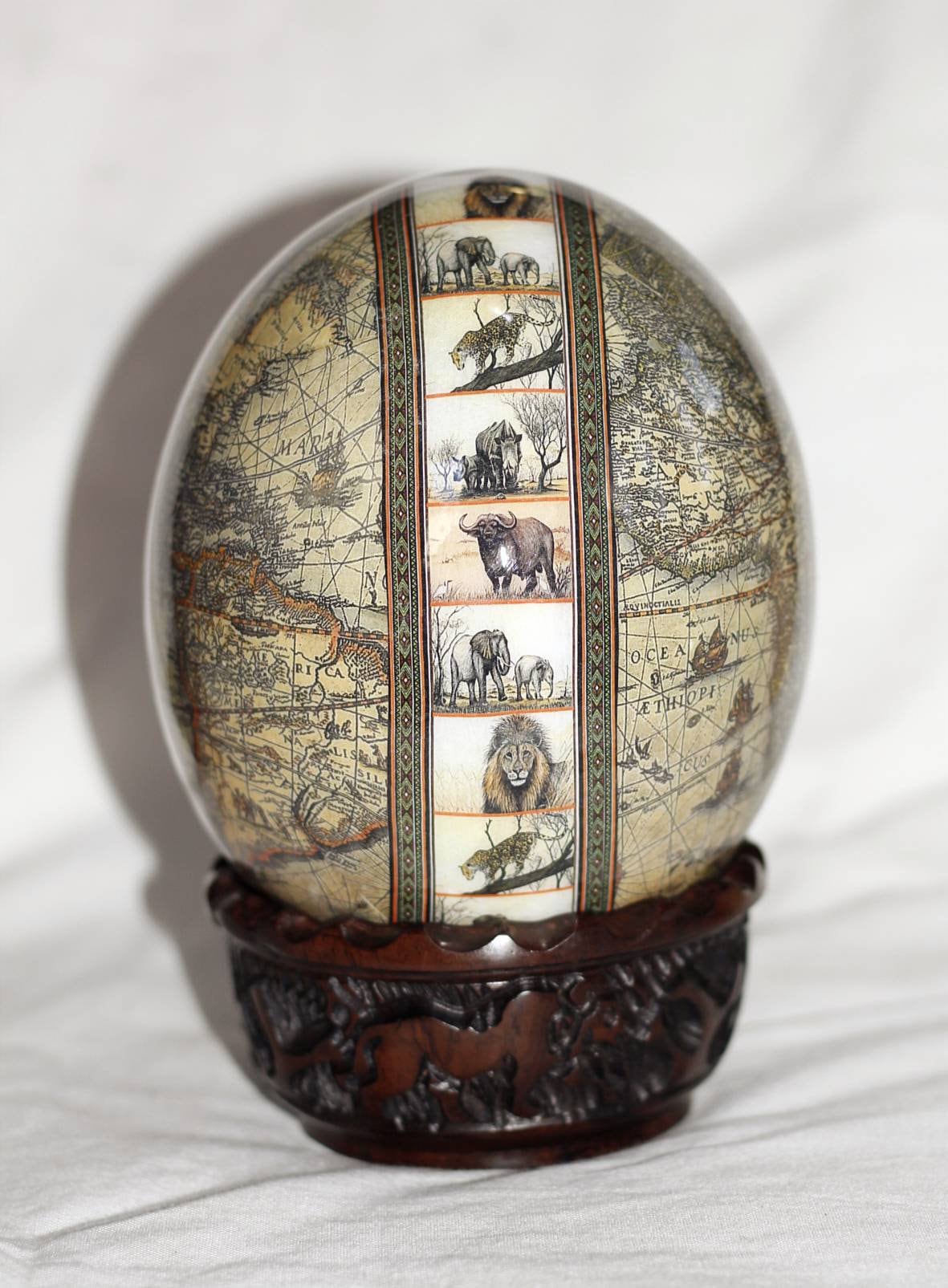 Army Green World Map with Big 5 full Animals on a Large Authentic Ostrich Egg Shell Decoupage Art. Unique African Home Decor Christmas Gifts