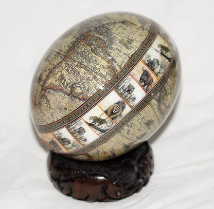 Army Green World Map with Big 5 full Animals on a Large Authentic Ostrich Egg Shell Decoupage Art. Unique African Home Decor Christmas Gifts