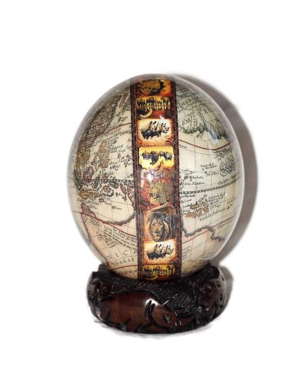 World Map with a Stop of Sunset Themed African Big 5 Animals. Large Authentic Ostrich Egg Shell Decoupage. Home/office Decor Christmas gifts