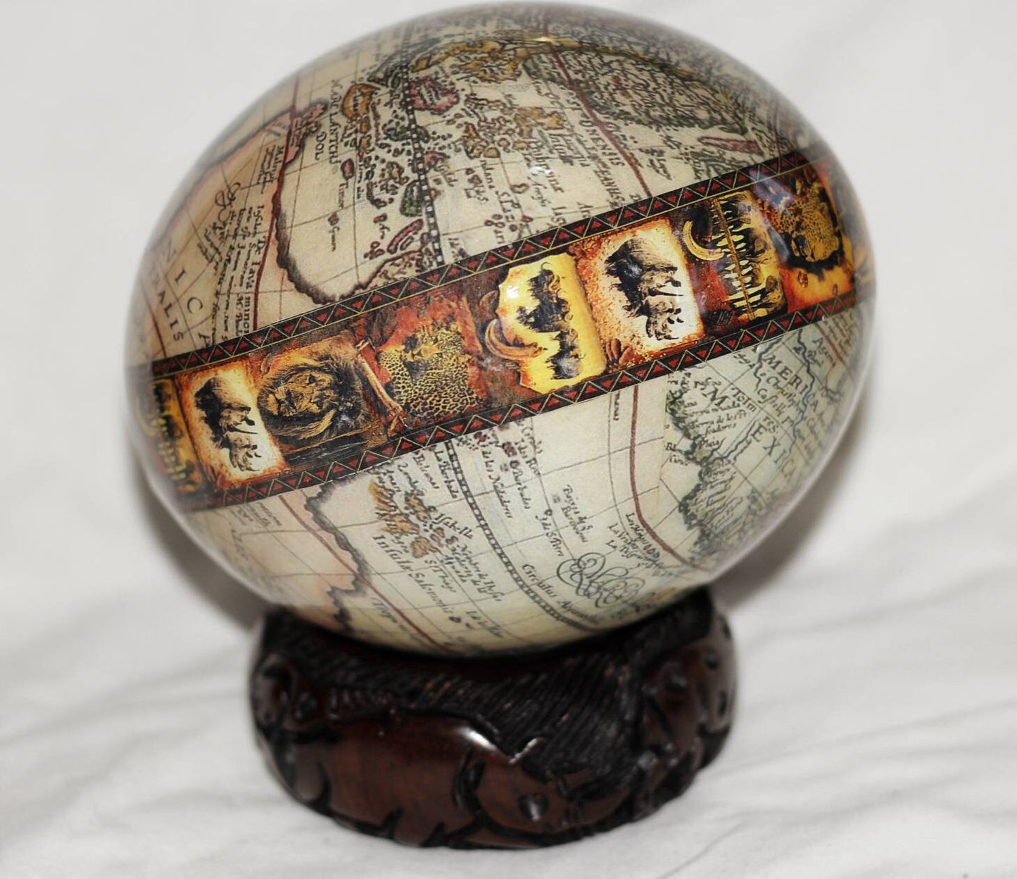 World Map with a Stop of Sunset Themed African Big 5 Animals. Large Authentic Ostrich Egg Shell Decoupage. Home/office Decor Christmas gifts