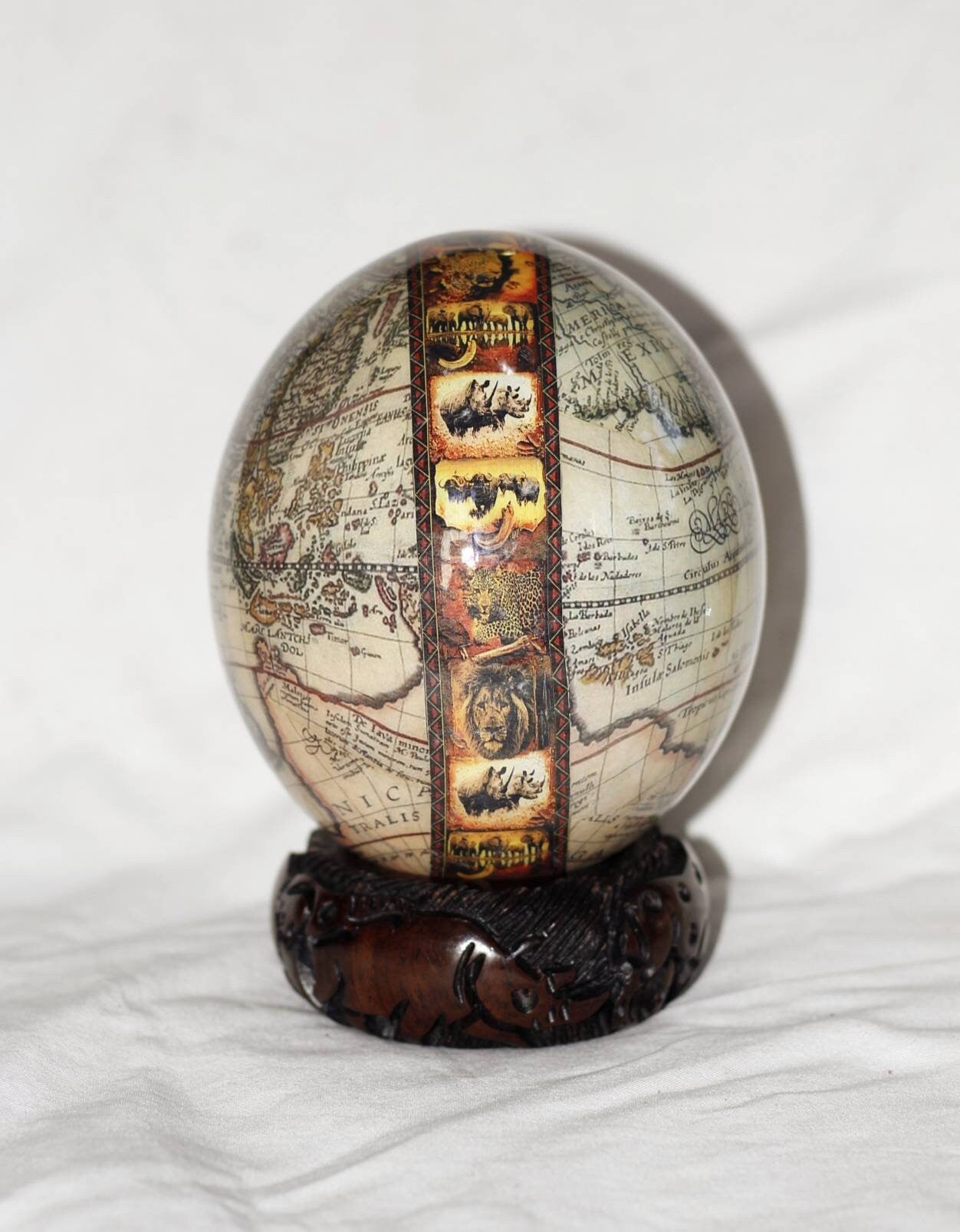 World Map with a Stop of Sunset Themed African Big 5 Animals. Large Authentic Ostrich Egg Shell Decoupage. Home/office Decor Christmas gifts