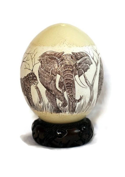 African Big Five Painted Scrimshaw Large Ostrich Egg. Big 5 full animals art on Shell Ornament. Unique African Christmas Gifts ready to Ship