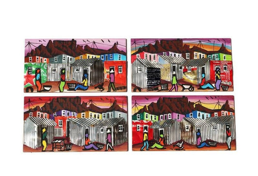 Set of 4 South African Townships 3D mini Paintings. Recycled tins Decor frames. Purple Sunsets colourful art. Christmas gifts ready to Ship.