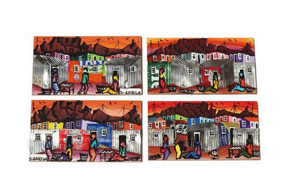 Set of 4 South African Townships 3D mini Paintings. Recycled tins Decor frames. Orange Sunset colourful art. Christmas gifts ready to Ship.