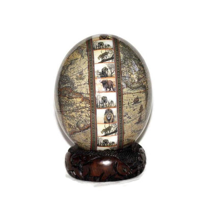 Army Green World Map with Big 5 full Animals on a Large Authentic Ostrich Egg Shell Decoupage Art. Unique African Home Decor Christmas Gifts