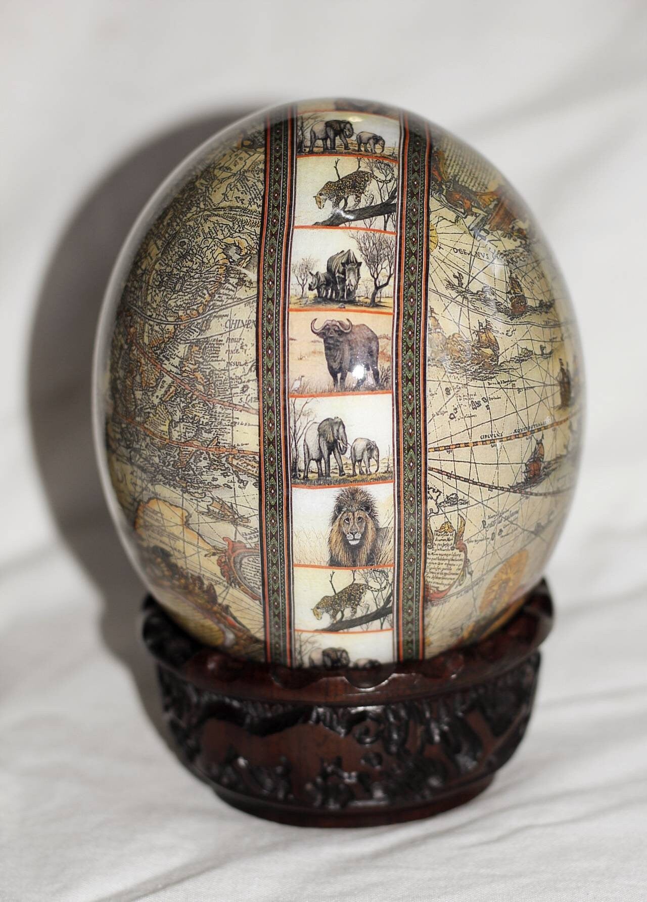 Army Green World Map with Big 5 full Animals on a Large Authentic Ostrich Egg Shell Decoupage Art. Unique African Home Decor Christmas Gifts