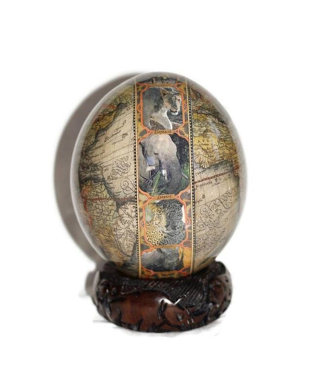 World Map African Big 5 Animals on leopard print background,  Large Authentic Ostrich Egg Shell Decoupage Art. Home Decor Christmas Gifts.