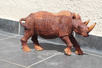 Large Lifelike Light and dark brown detailed Ironwood Rhino Figurine. Handcarved walking Art Masterpiece. Home/Office Decor Christmas Gift