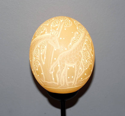 Carved Ostrich Egg lampshade with Giraffe from South Africa. HandCrafted African Artwork for home and office Decor. Ready to Ship Gifts.