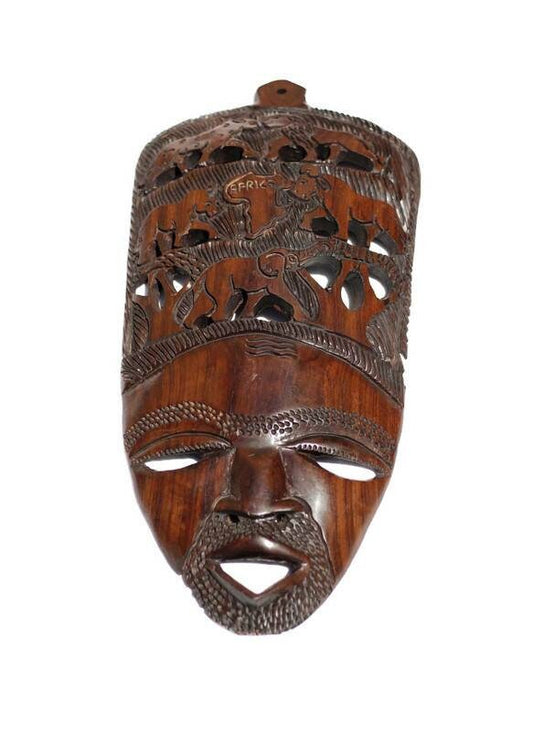 Hand carved Iron Wood Mask with African Map and Big Five Animals. Wooden interior decor tribal Wall Hangings. Brown Mask Christmas Art gifts