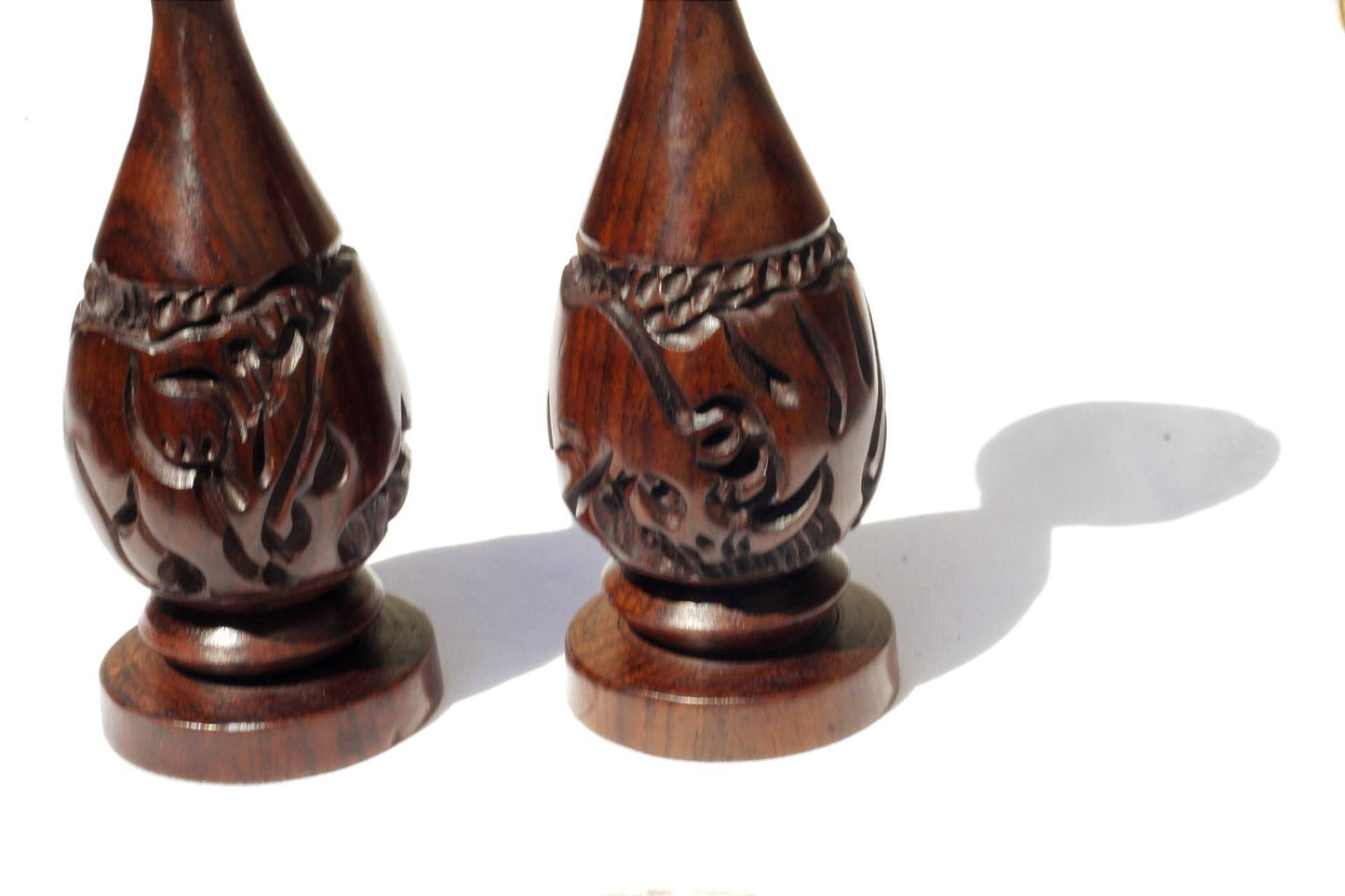 Set of 2 Carved Iron Wood candlestick stands for home and office decor. African animals carved candle holder. Rhino and Elephant Theme Gifts