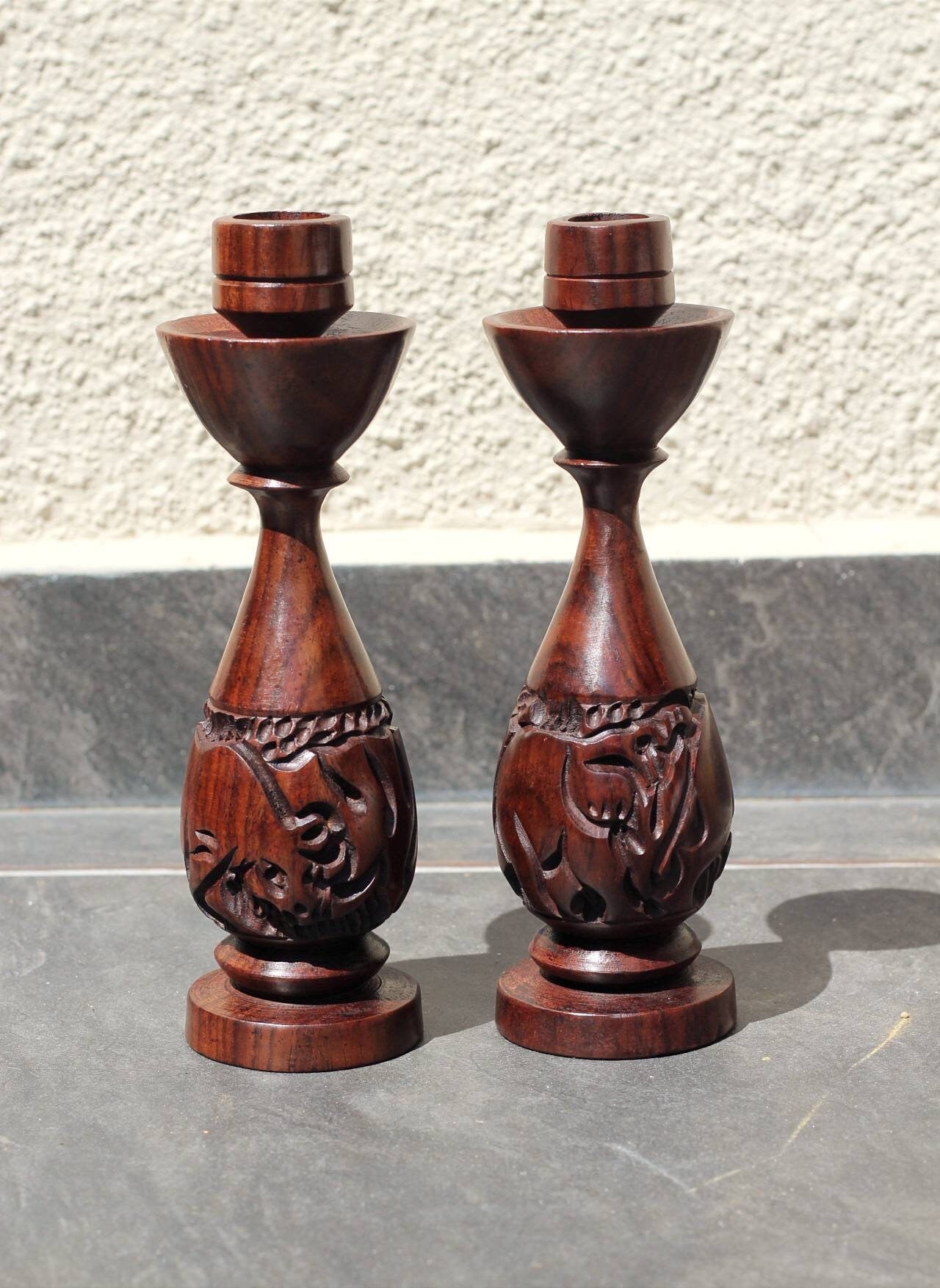 Set of 2 Carved Iron Wood candlestick stands for home and office decor. African animals carved candle holder. Rhino and Elephant Theme Gifts