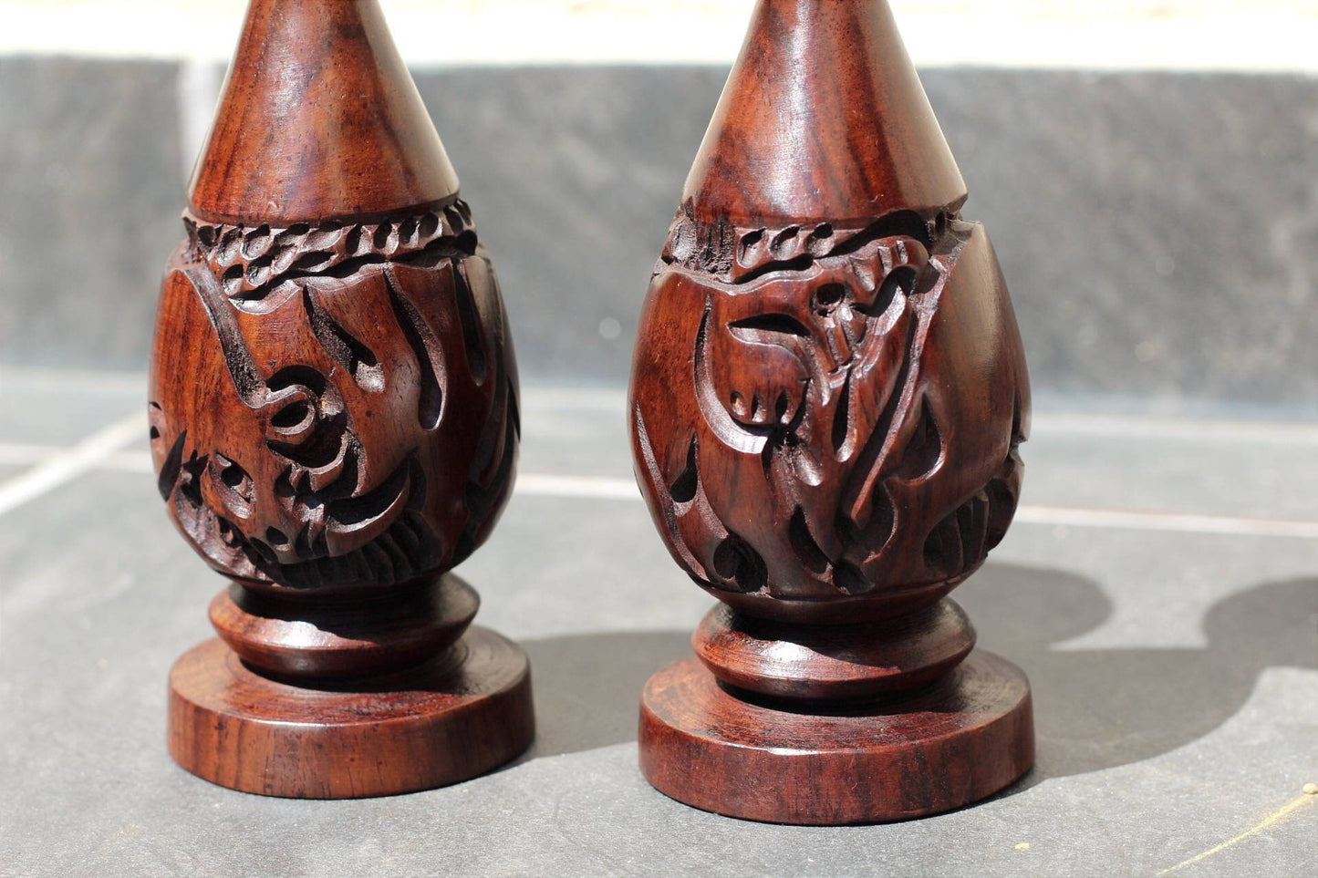 Set of 2 Carved Iron Wood candlestick stands for home and office decor. African animals carved candle holder. Rhino and Elephant Theme Gifts